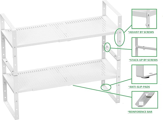 Expandable Spice Rack, Stackable Metal Pantry Storage Shelves Stand, Adjustable Height Cabinet Shelf Organizer Racks(1PACKS/WHITE,LARGE)