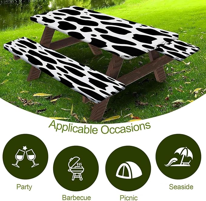 CAPSCEOLL Elastic Picnic Table Cover with Bench Covers 5Ft Waterproof Fitted Picnic Table Cover Cloths for Outdoors Camping Tablecloth with Drawstring Bag, 60X30in, Black White