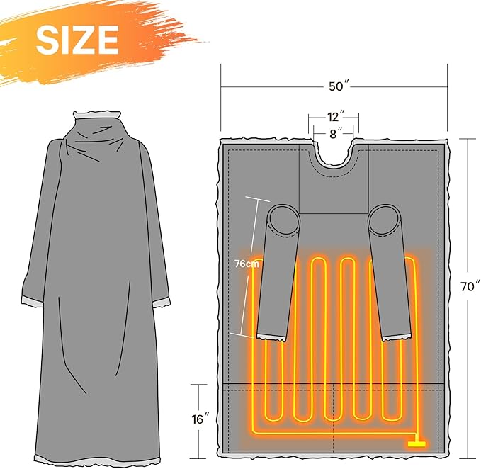 greenoak Wearable Heated Throw Blanke Electric Snuggle - Heated Robe with Foot Pocket for Adult, Winter Gifts for Mom Women 5-Position Timer 10-Heating Levels,50 * 70",Grey