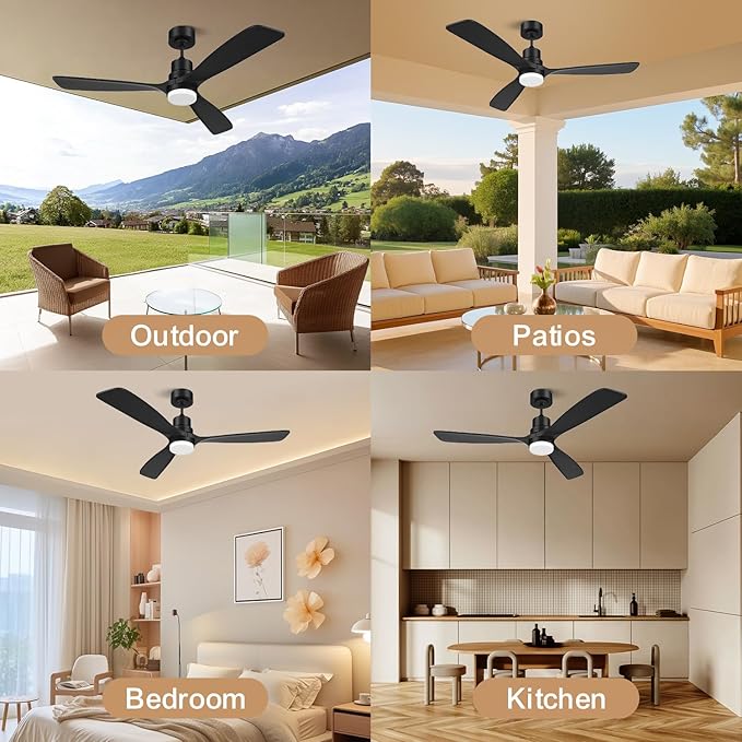 Obabala 52IN Ceiling Fan with Light and Remote Control Indoor Outdoor Ceiling Fan with 3 Blades Wood Reversible Function for Patio, Porch, Bedroom, Living Room (Black)
