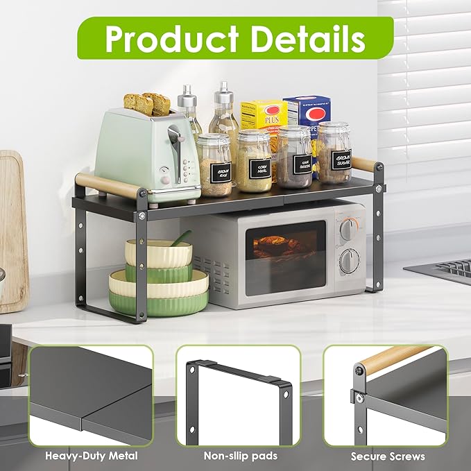 DOLALIKE Expandable kitchen Countertop Organizer, Stackable Cabinet Shelf Organizers, Space Saving Spice Rack Pantry Storage for Bathroom Office Organization (6.9''D*13-19.7''W*7.9''H, Black)