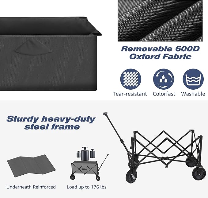 Chihee Folding Wagon Cart Garden Cart Heavy-Duty with 2 Cup Holders,Camp Cart for Gimballed Wheels with Braking System Large Capacity Removable Fabric,for Sporting Events,Camping,Beach Trips