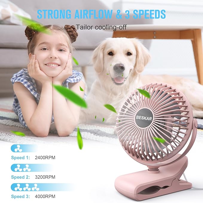 BESKAR Small Clip on Fan, 3 Speeds USB Fans with Strong Airflow, Clip & Desk Fans USB Plug in with Sturdy Clamp - Ultra Quiet operation Fan for Office Dorm Bedroom Stroller