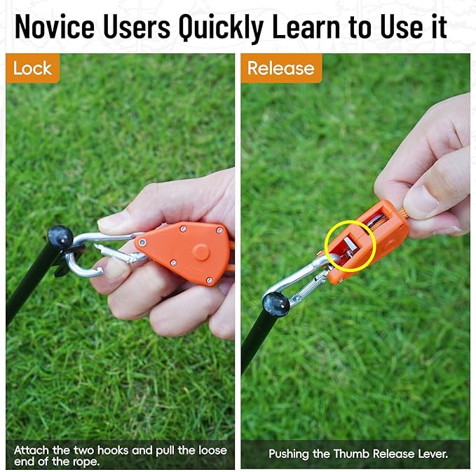 13ft Adjustable Outdoor Windproof Rope Ratchet Strap Tie Down Straps Small Mini Reflctive Paracord Rope Tent Hanger Grow Light Kayak 5/32" Yellow 2 Pack