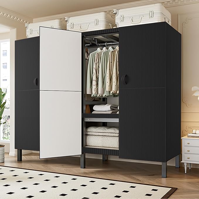 FPIGSHS Heavy Duty Clothes Rack with Magnetic Door 2000LBS Foldable Portable Wardrobe Closet for Hanging Clothing Rolling Garment Rack on Wheels for Bedroom Closet System (A(Black Door), 59in)