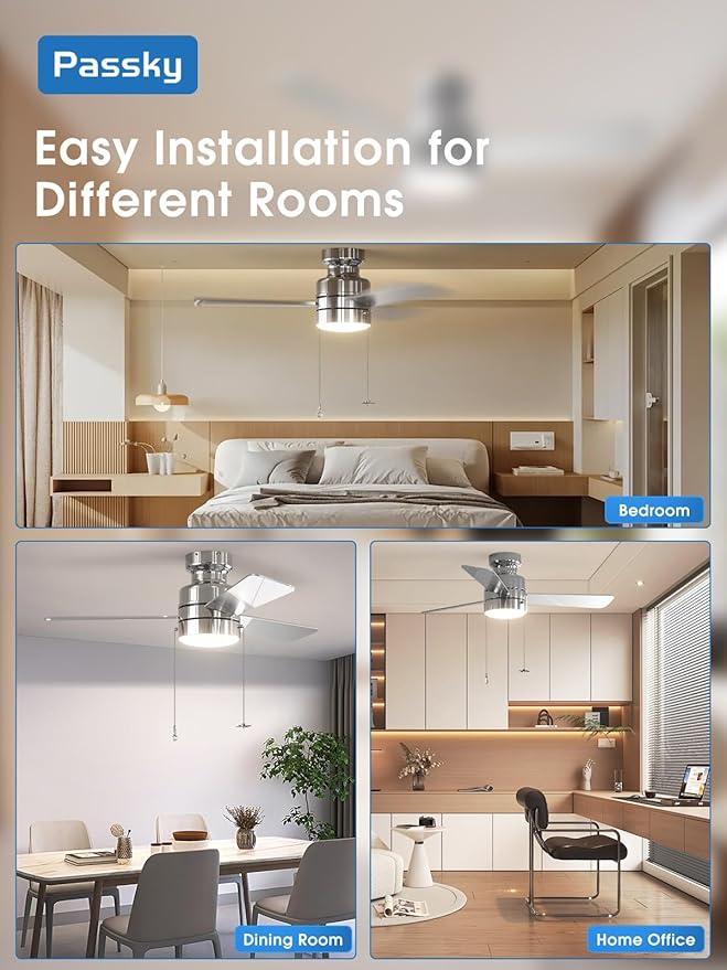 Ceiling Fans with Lights, 42 inch Low Profile Ceiling Fan with Pull Chain and Remote Control, Flush Mount, Reversible, 5CCT, Dimmable, Noiseless, Nickel Pull Cord Ceiling Fan for Bedroom