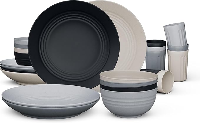 Fern & Soul Wheat Straw Dinnerware Sets, Dish Set for 8, 24 pcs with Storage Bag. Unbreakable, Dishwasher Safe, Kitchen Plates Bowls Sets, College Dorm, RV Camping Dishes Plate Set (Charcoal)