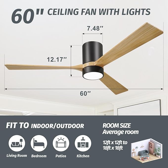 60 Inch Low Profile Ceiling Fan with Light, Ceiling Fans with Lights and Remote, 3 Walnut Solid Wood Blade Dimmable 8H Timer 6-Speed Reversible Motor for Living Room Farmhouse Patio