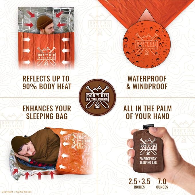 Emergency Sleeping Bag with Hood | Ultralight, Waterproof, Thermal Mylar Sleeping Bag Liner | Survival Bivy Space Blanket Bivey for Hiking, Backpacking, Earthquake, Camping, 72 Bug Out, Survival Kit