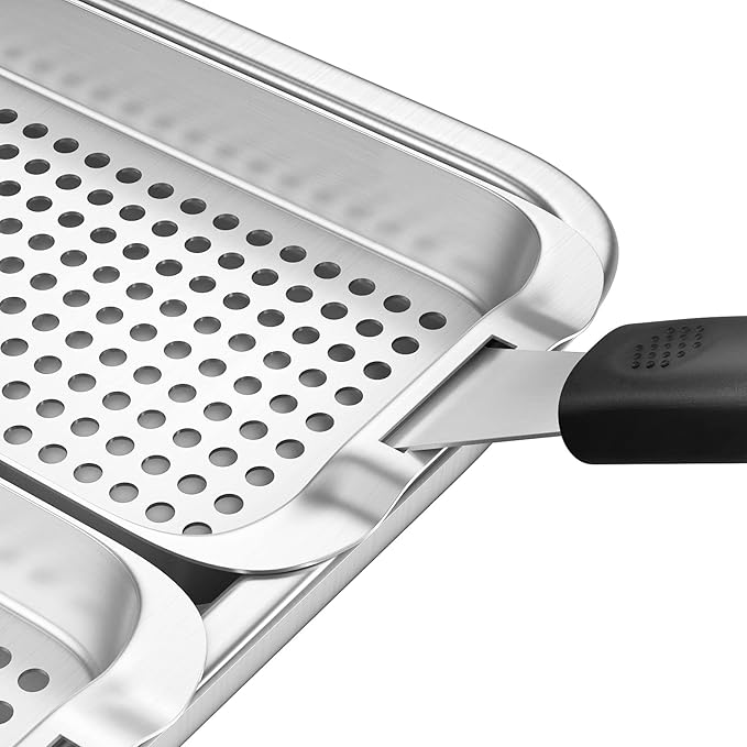 Grill Basket Set - BBQ Grill Tray with 3-Piece Grill Basket & Universal Handle, Heavy-Duty Stainless Steel, Dishwasher Safe, Rust-Resistant for Outdoor Cooking, Camping, Picnic, Gas, Charcoal Grills