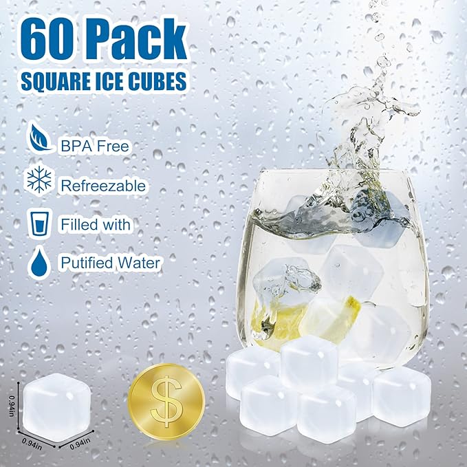 60 Pack Reusable Ice Cubes for Drinks, Refreezable Plastic Ice Cubes Without Diluting, Permanent Ice Cube Frozen BPA Free, Cocktails Like Whiskey, Wine, or Coffee (Transparent)