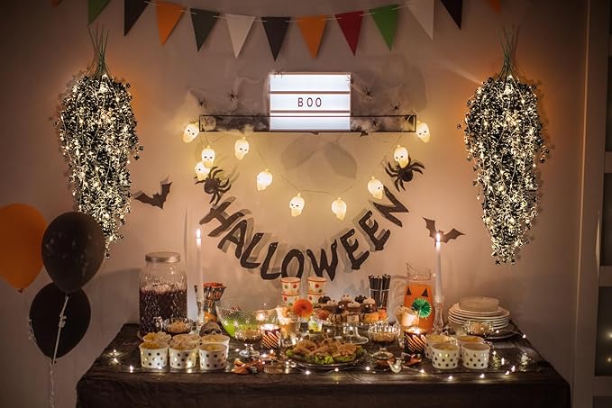 Black Hanging Fake Plants Fake Vines Artificial Plants Faux Hanging Plant with Lights, Artificial Hanging Plants for Indoor Outdoor Wedding Halloween Party Fall Wall Room Door Decor(Black White)