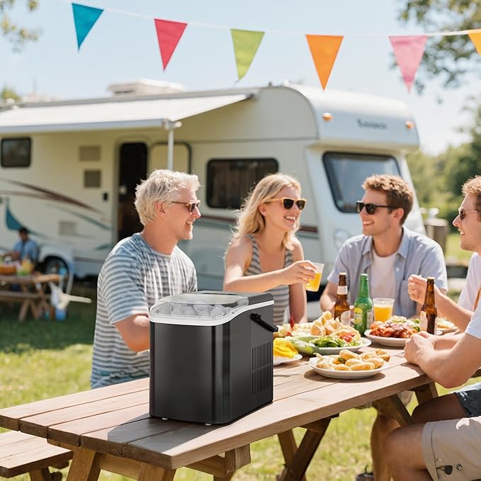 DUMOS Portable Ice Maker for Countertop with Handle, 26lbs/Day, 9 Bullet Ice Cubes Ready in 6 Mins, Self-Cleaning Quiet Ice Machine for Home, Kitchen, RV, Camping, Black