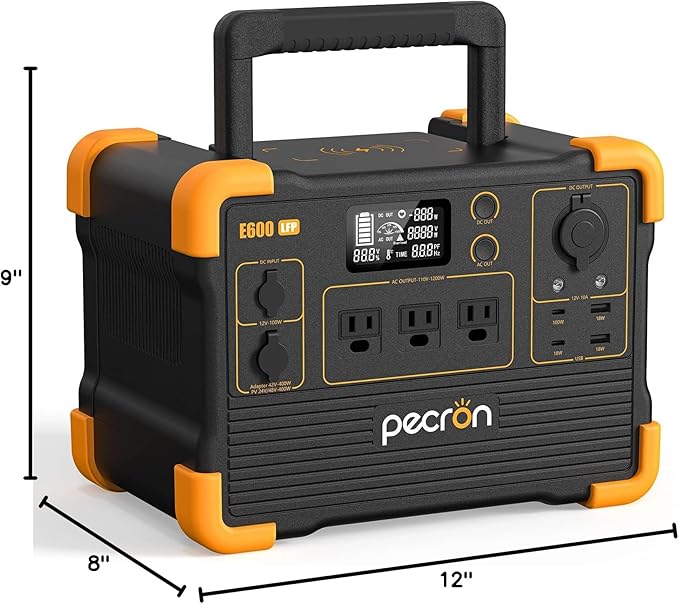 pecron Portable Power Station E600LFP 614Wh Solar Generator Power Station with 3X1200W AC Outlets 100W USB-C PD Output LiFePO4 Battery Backup for Outdoor Camping Emergency