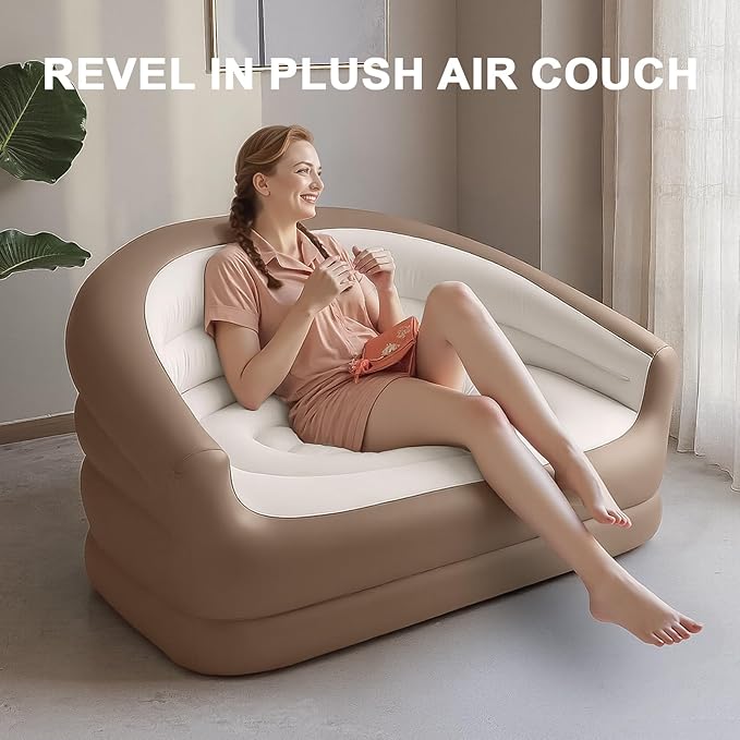Twin Size Air Mattress Inflatable Sofa,Double Inflatable Chair for Adults-Flodable Blow Up Couch Lounger-Portable Air Sofa for Indoor Living/Tent Camping/Outdoor Activitie(Cream)
