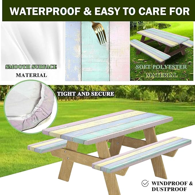 CAPSCEOLL Fitted Picnic Table Cover with Bench Covers with Elastic 8Ft Waterproof Camping Picnic Table Cover Cloths for Outdoors Camping Tablecloth with Drawstring Bag, 96X30in, Colorful Wood
