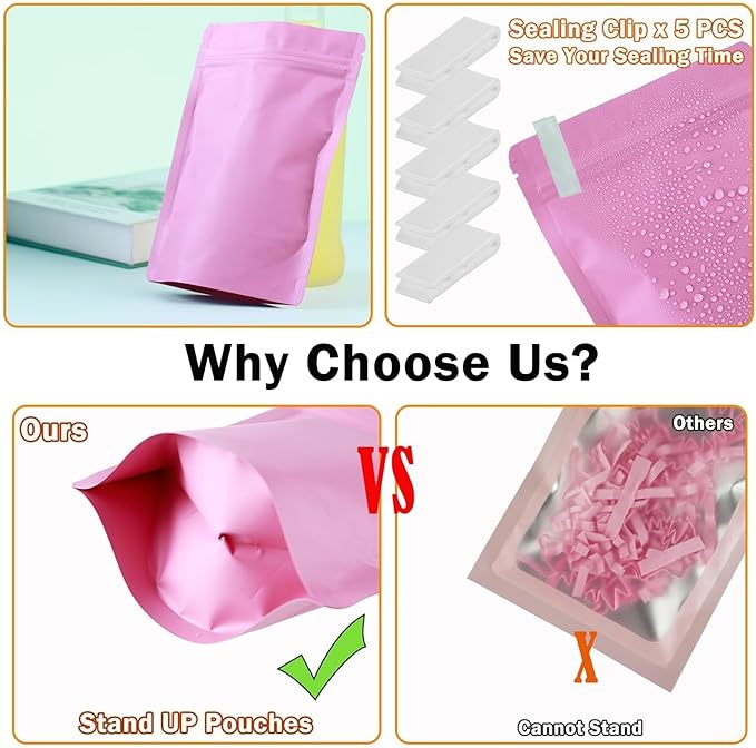 200 Pcs Mylar Bags for Food Storage 4x6 Smell Proof Bag Stand Up, Foil Resealable Bags for Food, Freeze Dried Candy Packaging Sealable Pouch Jewelry Bracelet Pouch for Small Business, Pink