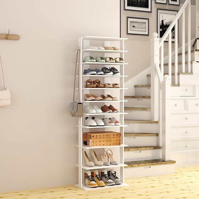 HOMEFORT 10-Tier Corner Shoe Tower - Double Rows, Slim Shoe Stand for 20 Pairs - Entryway, Hallway, Closet (White)
