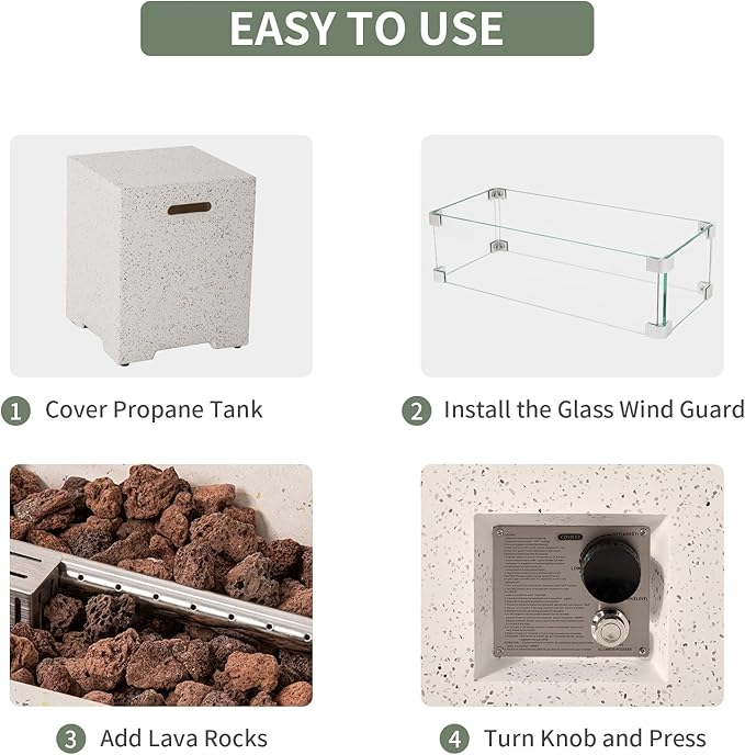 COSIEST 2-Piece Outdoor Propane Fire Table Set, Rectangle Concrete 56-inch x 28-inch Fire Pit (CSA Certified, 50,000 BTU) w 20lb Tank Table, Wind Guard, Waterproof Cover for Garden, Porch, Backyard