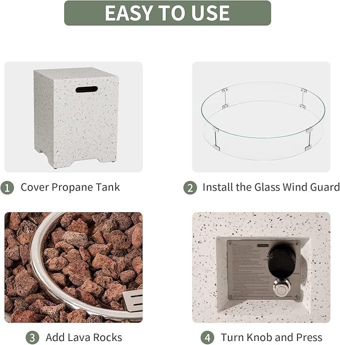 COSIEST 2-Piece Outdoor Propane Firepit Table Set w Tank Table, 42 inch Dark Fire Table CSA Certified, 50,000 BTU w Beige Round Base,Wind Guard and 16 inches Tank Side Table 20lb for Garden,Pool