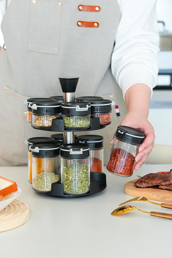 360 rotating 2 tier jars spice rack (6 small 6 large spice jars) Revolving Seasoning Organizer. Spinning Spice Rack for Counter top and Cabinet WITH Custom Label Stickers.