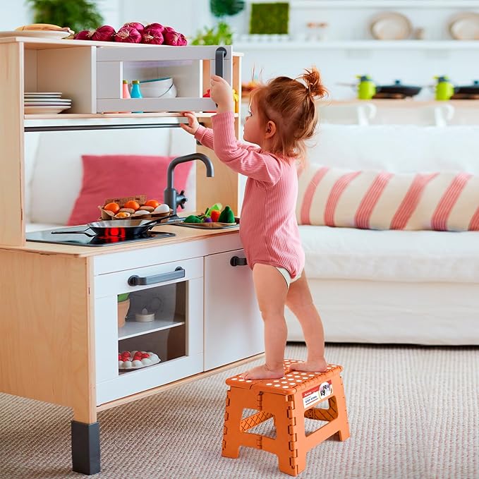 ACSTEP 9 Inch Folding Step Stool 300 LB Capacity Plastic Foldable Step Stools for Kids and Adults, Folding Stool Suitable for Kitchen, Stepping Stool with Handle Orange Small Step Stool 1PC