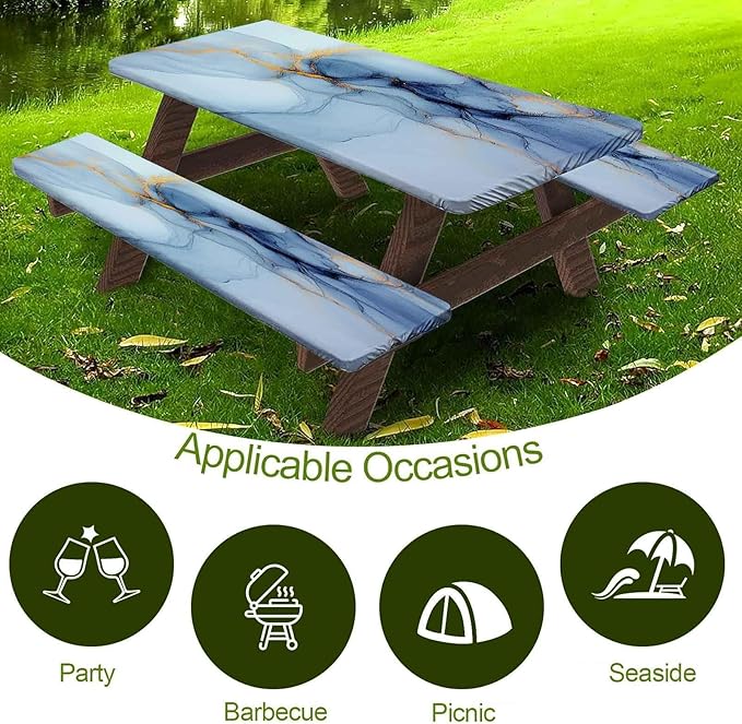 CAPSCEOLL Elastic Picnic Table Cover with Bench Covers 5Ft Waterproof Fitted Picnic Table Cover Cloths for Outdoors Camping Tablecloth with Drawstring Bag, 60X30in, Blue Marble