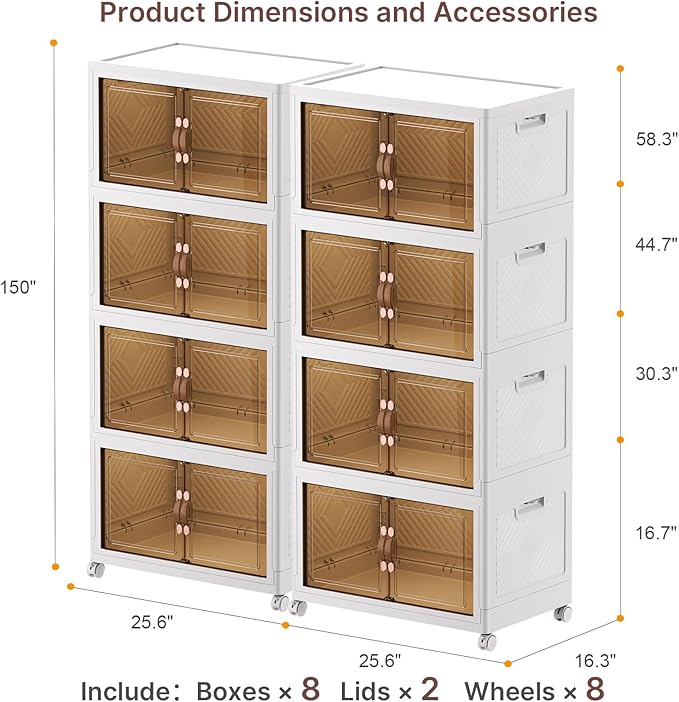 Extra Large Stackable Storage Binswith lids & Wheels, Foldable Collapsible Closet Organizers,960QT-120QT/30GAL*8Pack Plastic Containers with door & drawers for bedroom Dorm