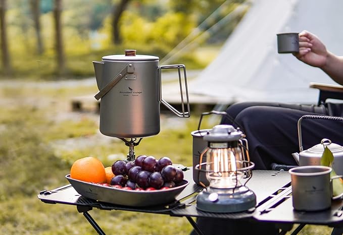Boundless Voyage Titanium Camping Coffee Pot 1500ml Barista Kettle for Making Coffee, Boiling Water - Outdoor Traveling Campfire Stovetop Fast Brew (Kettle+3 Cups Set)
