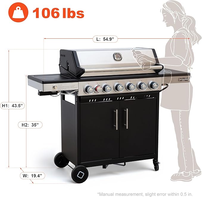 Brand-Man 6 Burner Propane Grill with Infrared Sear Side Burner & Porcelain-Enameled Cast Iron Grate and Plate, Cabinet Style Gas BBQ Grill with Side Table for Barbecue Grilling & Backyard Cooking