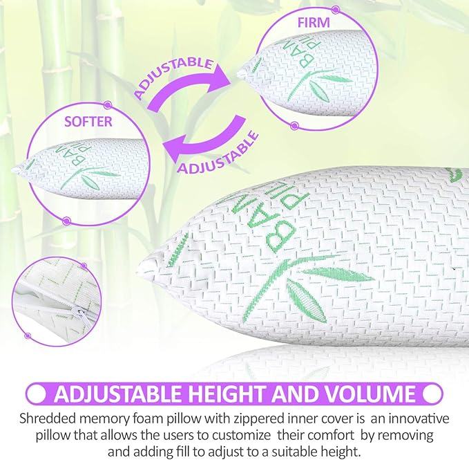 2 Pack King Size Rayon Derived from Bamboo Pillow for, Cooling Shredded Memory Foam Bed Pillows Set – Back, Stomach, Side Sleepers, Removable Cover, Adjustable to Firm / Soft, King (Pack of 2)