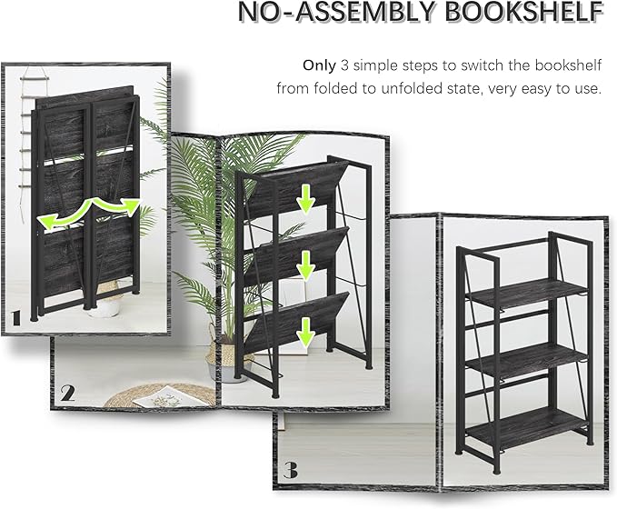 4NM No-Assembly Folding Bookshelf Storage Shelves 3 Tiers Vintage Bookcase Standing Racks Study Organizer Home Office (Gray Black)