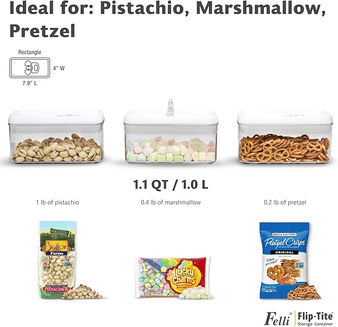 Felli Flip Tite Food Storage Container with Lid 4” RECTANGLE Airtight Ring Flip Lock Top, Stackable Acrylic Canister Set for Kitchen Fridge Pantry Organizer, Veggie Fruit Tea Bag Snack (1.1 qt)