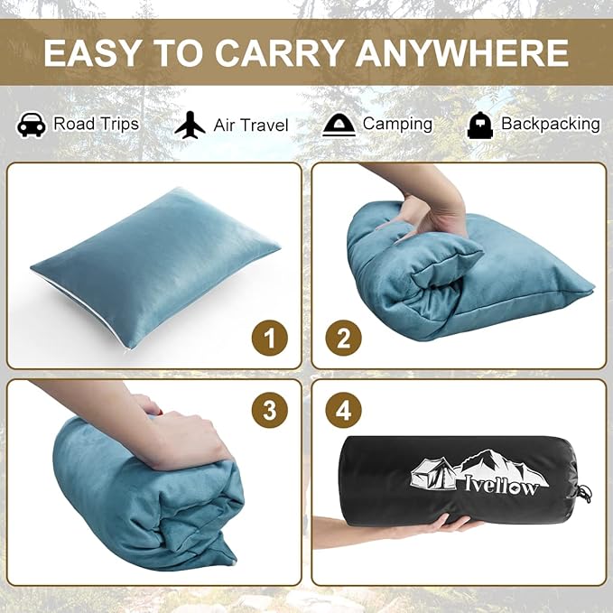 Ivellow Memory Foam Travel Pillow Compressible Camping Pillow for Sleeping Shredded Memory Foam Pillow Compact Firm Supportive Travel Pillow for Adults Kids Outdoor Hiking Essential Gear Blue-M