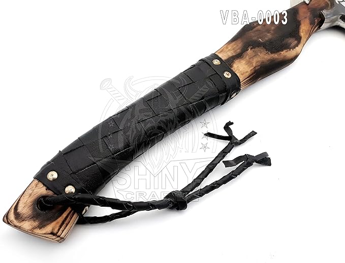 SHINY CRAFTS-Viking Axe Bearded Axe Tomahawk Birthday Gifts-Valhalla Axe, Carbon Steel Viking Axe Head, Engraved Handle, Wolf Camp Axe, Genuine Leather Sheath & Wrap (VBA 03)