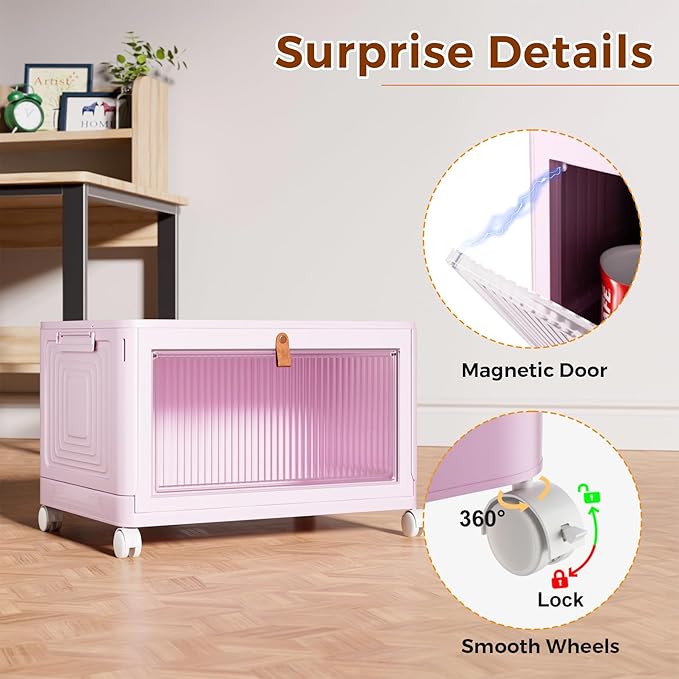 4 Tier Stackable Plastic Storage Bins with Lid and Wheels - 23 QT Closet Organizers and Foldable Storage Containers, Organization Boxes for Craft, Home, Pantry, Dorm, Pink