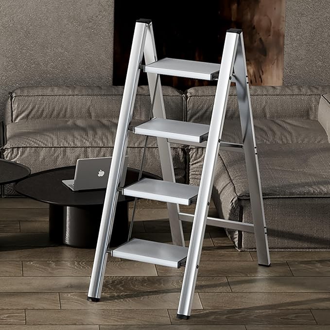 HillhutApex 4 Step Stool, Aluminum Foldable Step Ladder, Lightweight Stable Stool with Wide Non-Slip Pedals, 330lbs Bearing Capacity Ladder for Office,Home,Kitchen - Silver