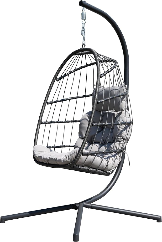 HWB Hanging Egg Chair with Stand, Patio Wicker Hammock Egg Swing Chair with Cushion for Bedroom Garden Indoor Outdoor (Grey)
