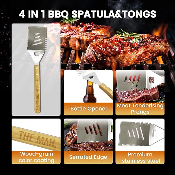 Griddle Accessories Kit, Grill Accessories Set for Outdoor BBQ, Heavy Duty Stainless Steel Griddle Spatula Set Wooden Handling Grilling Tools with Case with Tongs Spatulas for Birthday Gifts for Men