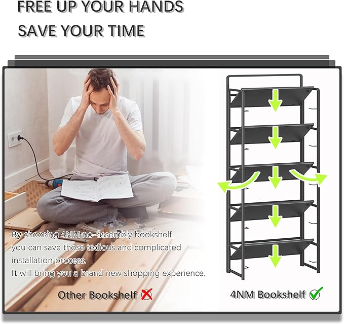 4NM No-Assembly 5 Tiers Folding Bookshelf Storage Shelves Vintage Bookcase Standing Racks Study Organizer Home Office (All Black)