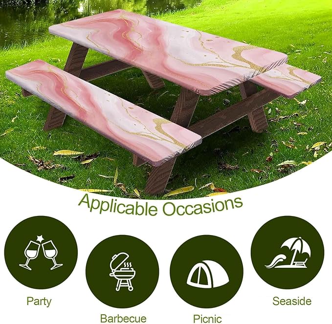 CAPSCEOLL Fitted Picnic Table Cover with Bench Covers with Elastic 8Ft Waterproof Picnic Table Cloths Windproof Outdoor Camping Tablecloth with Drawstring Bag, 96X30in, Pink Marble