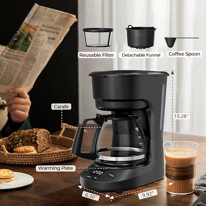 5-Cup Drip Coffee Maker with 24h Programmable Timer, Compact Coffee Machine with Food-grade Glass Carafe, 2h Keep Warm with Auto Shut-off, Delay Brew, 25oz Water Tank, Ideal for Home/Office