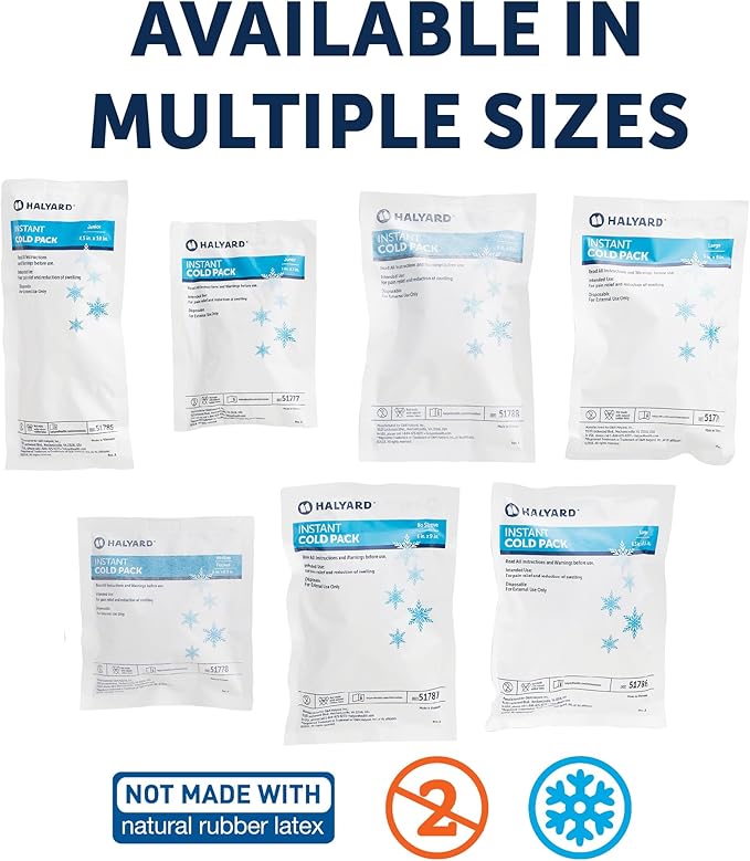 HALYARD Instant Cold Pack Disposable Cold Compress Ice Packs w/Flocking for Swelling Injuries Toothaches Sprains Strains 6 X 6.5 Inches, 24 Packs Per Case - 51778