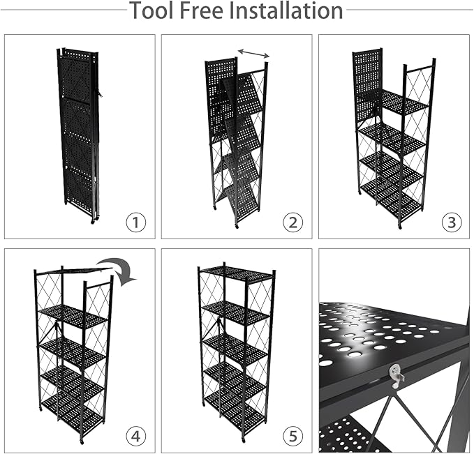 5 Tier Folding Shelf with Wheels,Metal Steel Collapsible Shelves,No Assembly Portable Shelves Organizer Rack,Rolling Standing Utility Rack for Kitchen, Pantry, Office, Black
