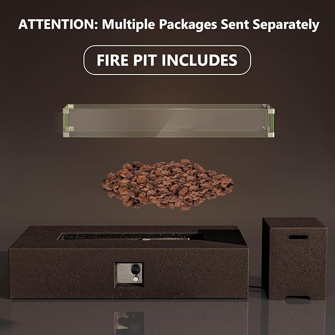 COSIEST 56 x 28 inch Outdoor Propane Fire Pit Coffee Table w Concrete Rectangle Base, CSA Certified, 50,000 BTU, Free Lava Rocks and RainCover, Fits 20lb Tank Outside, Wind Guard, Tank Cover, Brown