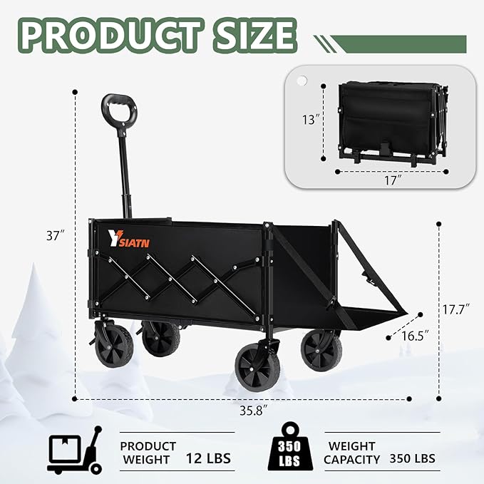 Collapsible Folding Wagon Cart with Tailgate - 300lbs Heavy Duty Foldable Utility Wagon and Brake Wheels - 100L Lightweight Grocery Wagons for Shopping Camping Sports Garden, Black