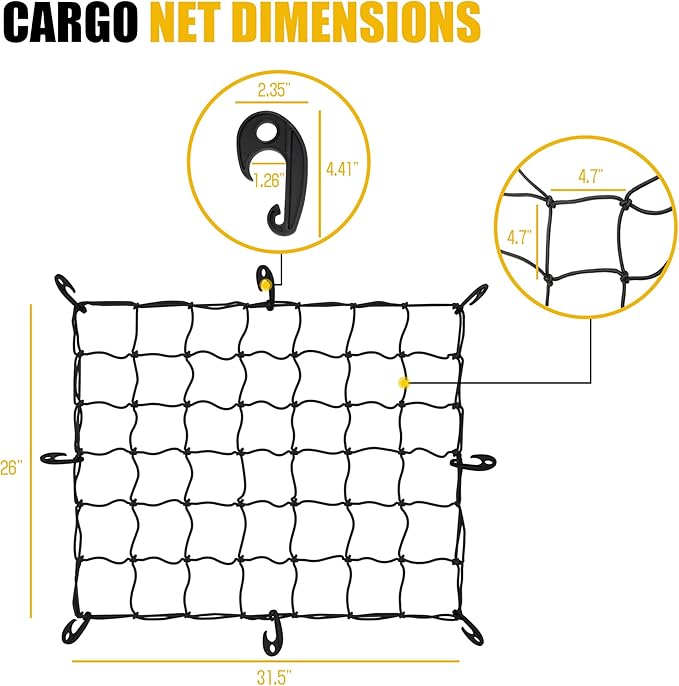 ARKSEN 31.5" x 26" Tangle-Free Nylon Cargo Net(4.7" x 4.7" Mesh), Universal Bungee Net for Pickup, Trucks, SUV, Roof Racks, and Travel Luggage Racks