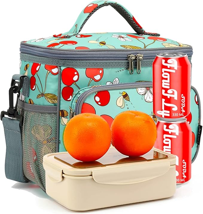 FlowFly Insulated Reusable Lunch Bag Adult Large Lunch Box for Women and Men with Adjustable Shoulder Strap,Front Zipper Pocket and Dual Large Mesh Side Pockets,Cherry