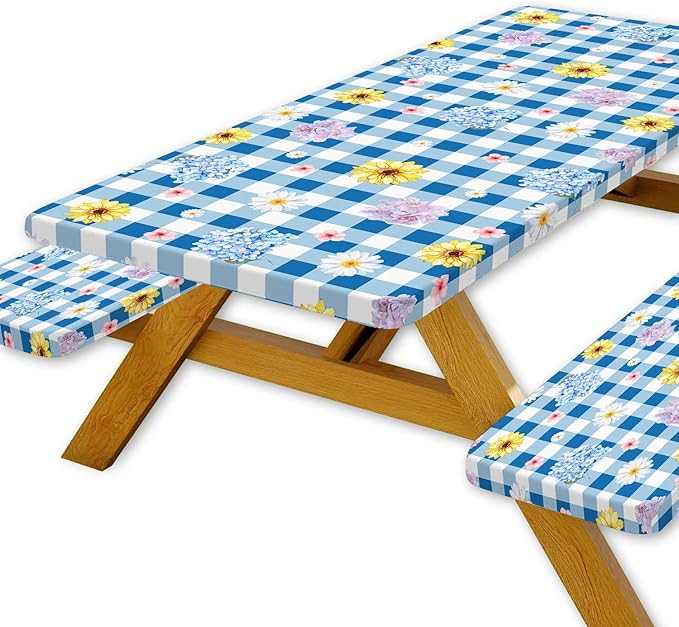 DYNH 3 Pcs Picnic Table Cover with Bench Covers, Waterproof Reusable Elastic Fitted Tablecloths for 6 Ft Rectangle Tables, Washable Floral Plaid Tablecloth for Camping,Outdoor Essentials,30X72IN