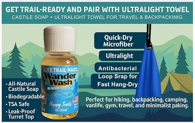 Elite Trail Magic- Wander Wash Biodegradable Castile Soap β Ultralight 1 oz Concentrated Liquid Soap for Camping, Travel & Backpacking β All Purpose, Unscented, Made in USA